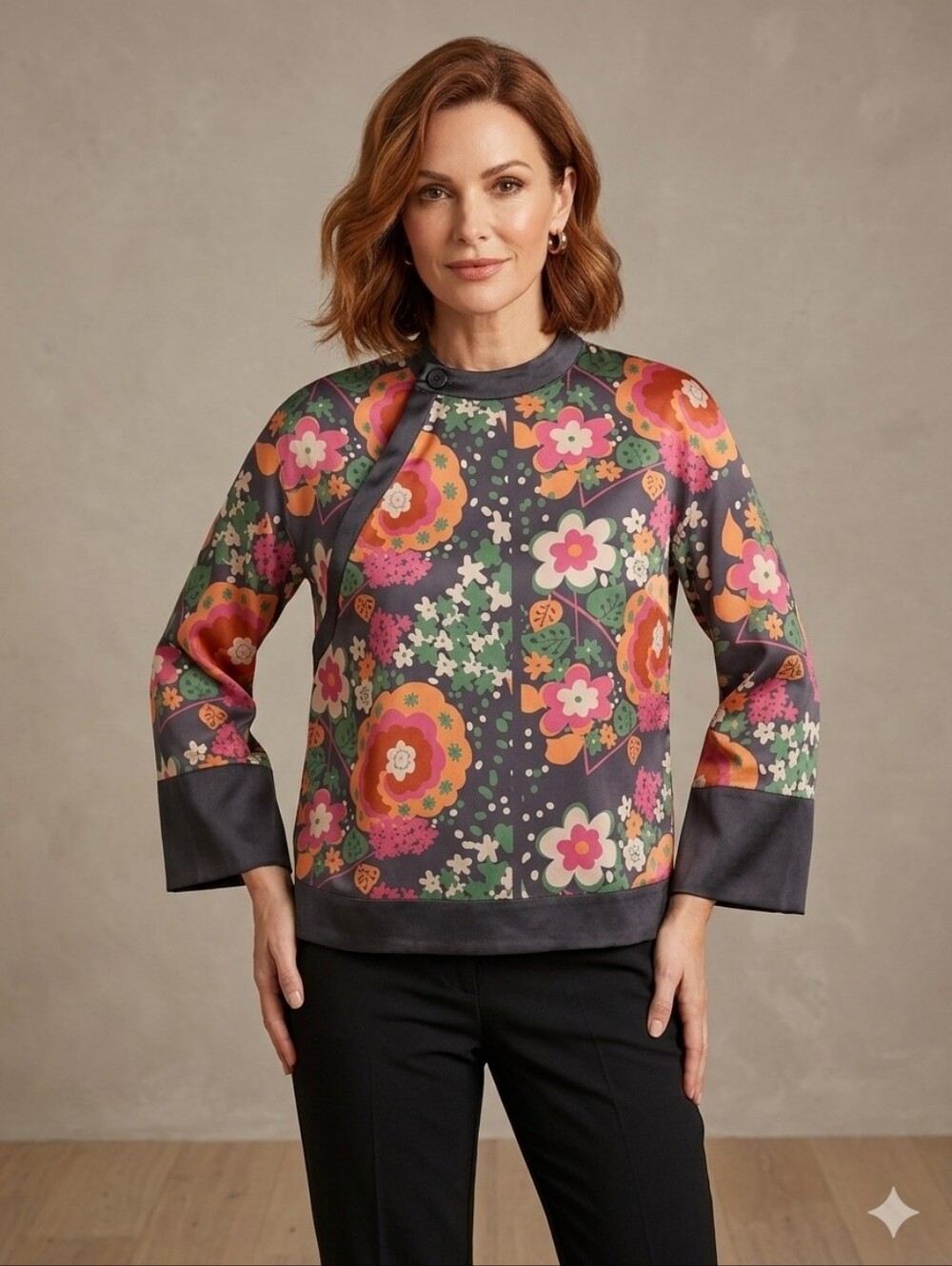 NWT Sz S Boho Whimsigoth Retro Botanical  Floral Satiny Type Material Blouse